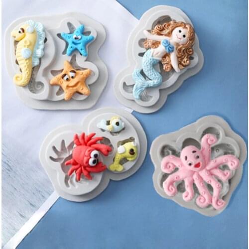 Ocean Series Mermaid Octopus Seahorse Crab Molds Fondant Cake Decor Silicone Mold Chocolate Baking Tools for Cakes Gumpaste Form