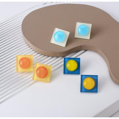 Lifefontier Cute Blue Yellow Mixed Color Stud Earrings Geometric Square Acrylic Earrings for Women Korean Summer Jewelry 2021