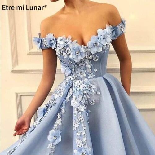 Blue Off Shoulder Sexy Beach Evening Dresses Handmade Flowers Pearls Sleeveless Evening Gowns 2020 Real Photo LE4013
