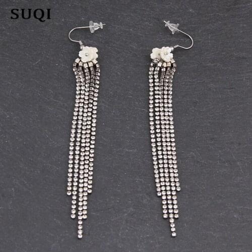 SUQI silver color Stainless Steel Rhinestone Earrings for women Ladies Girls Korean long Tassel Earrings Pendant Gift Wholesale