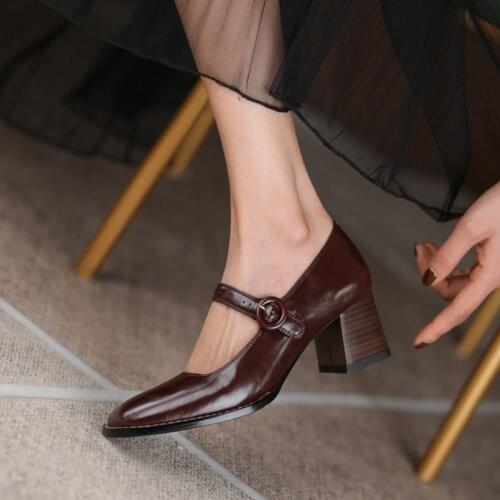 Women Shoes Natural Leather pumps 22-25cm Square head thick heel Mary Jane shoes Full leather inside and outside heels women