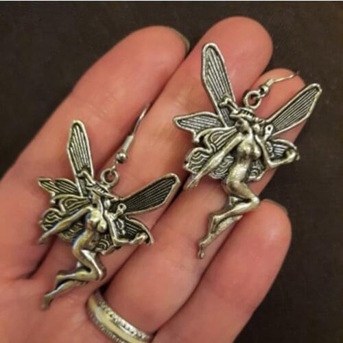 Vintage Goth Angel Fairy Pendant Drop Earrings for Women Ancient Silver Color Wings Dangle Earring Punk Gothic Fashion Jewelry
