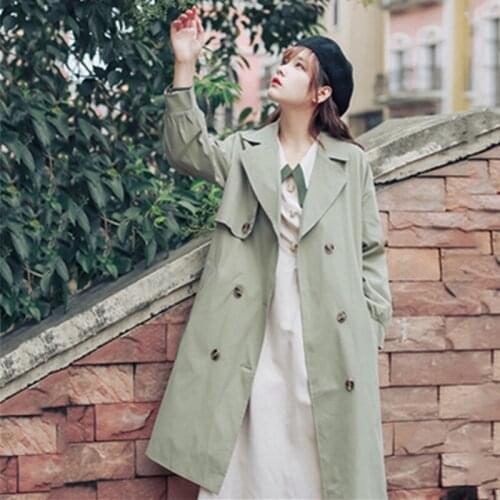 Vintage Long-sleeve Trench coat Women Spring autumn Mid-length Loose Double breasted Belt casual Windbreaker Outerwear Female