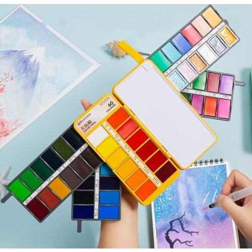 High Quality 36/48/60 Colors Solid Fan-shaped Pearlescent Watercolor Paint Set Foldable Paint Watercolor Pen Travel Art Supplies