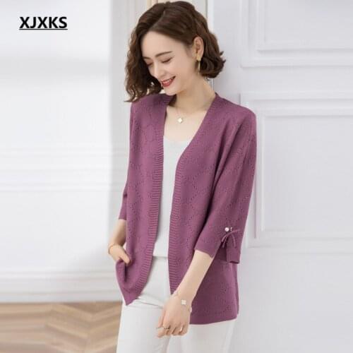 XJXKS Fashion V-neck Three-quarter Sleeve Cardigan Women Autumn Jacket 2021 Summer New Women Knitted Sun Protection Clothing