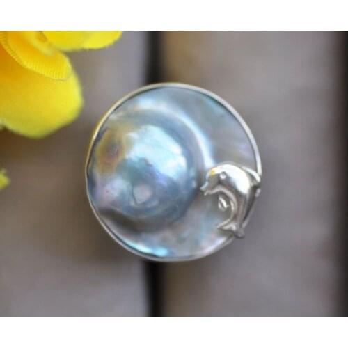 Z11033 REAL 23mm GRAY SOUTH SEA MABE PEARL 925SILVER DOIPHIN RING