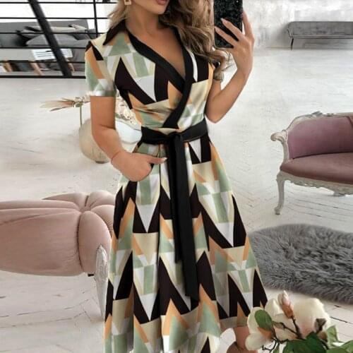 WYWMY Women Elegant V-Neck Midi Dresses Short Sleeve Lace Up Female Print Dress Summer Office Ladies Casual Chic Vestidos 2021