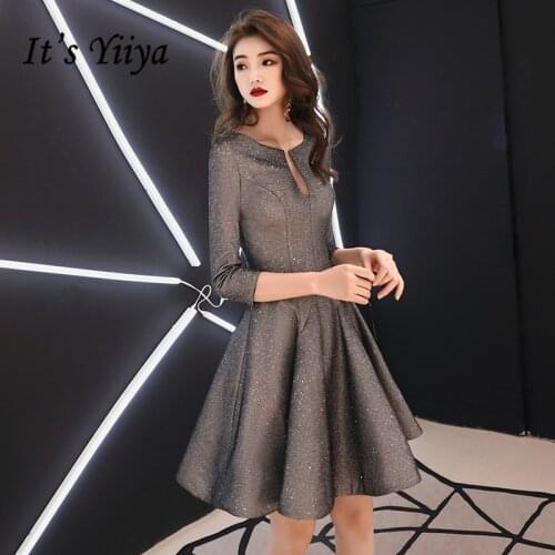 Prom Dresses Its Yiiya R212 O-neck Silver Gray Formal Party Dress Three Quater Sleeve Zipper Knee Length Elegant Vestidos