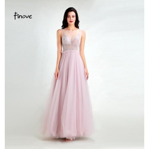 Finove 2020 New Arrivals Evening Dress Long Sexy Illusion Tulle Beding O Neck A-Line Long Prom Party Woman Dress