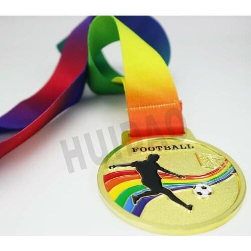 1PCS Football Medal Size 70MM Gold Color with Ribbon Soft Enamel Soccer Champion Medal