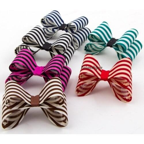 50pcs/lot 3.2" 6colors Luxe Striped Hair Bows Clips For Headbands Handmade Hard Satin Bow Ties Clip For Girls Hair Accessories