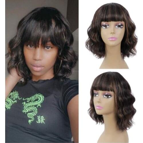 Human Hair Body Wave Wig Wavy Bob with Bangs None Lace Front Wigs with Silk Base on Top in Chocolate Brown Mix Blonde