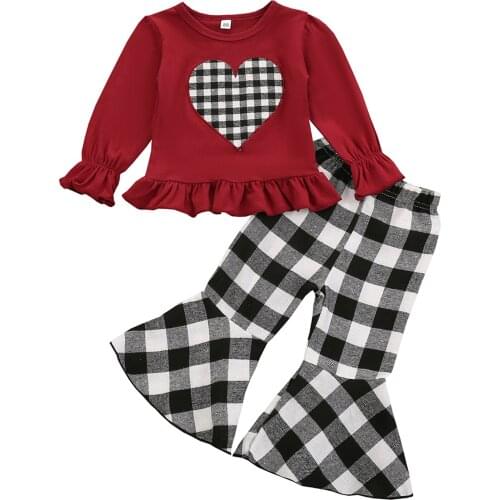 Childrens Spring Outfits Sets Baby Long Sleeves + Long Flared Pants Ruffle Peach Heart Pattern Casual Toddlers Clothing 1-6Y