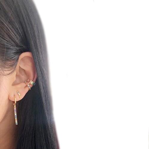 Colorful Cubic Zirconia Baguette Stones clip Cuff Ear Earrings Shinning Wedding fashion Earring rainbow cz minimal earring