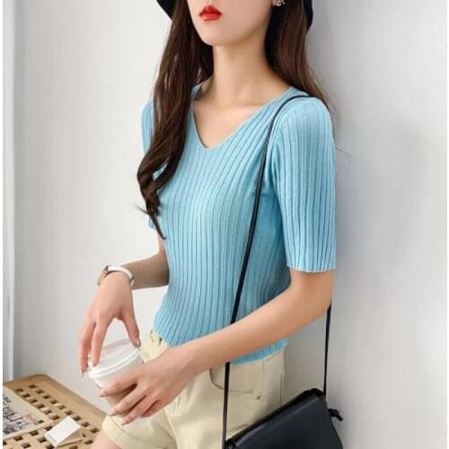 Summer Women Tops Knitted Short Sleeve T-shirt Solid Tshirt Thin V-neck Tee