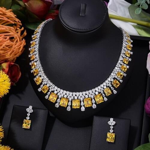 Trendy Luxury Tassel Green Crystal 2PCS Jewelry Women Wedding Naija Bridal Cubic Zirconia Necklace Dubai Dress Jewelry Set