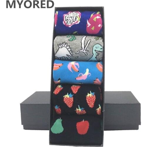 MYORED 5 pair/lot Men Socks funny dinosaur colorful wedding socks combed cotton fruit pattern mens dress Calcetines de hombre