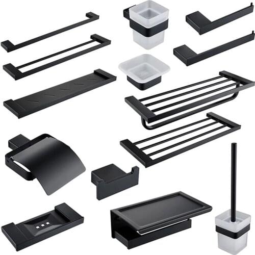 Bathroom Accessories Hardware Set Matte Black SUS304 Stainless Steel Paper Holder Toothbrush Holder Towel Bar Bathroom Shelves