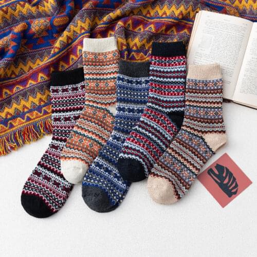 5 Pairs Autumn Winter Women Wool Socks Waves Thick Line Warmer Ethnic Style Cashmere Thermal Thicken Women Socks