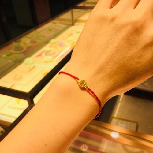 New 24K Yellow Gold Bracelet 3D Coin O Link Chain Red String Bracelet