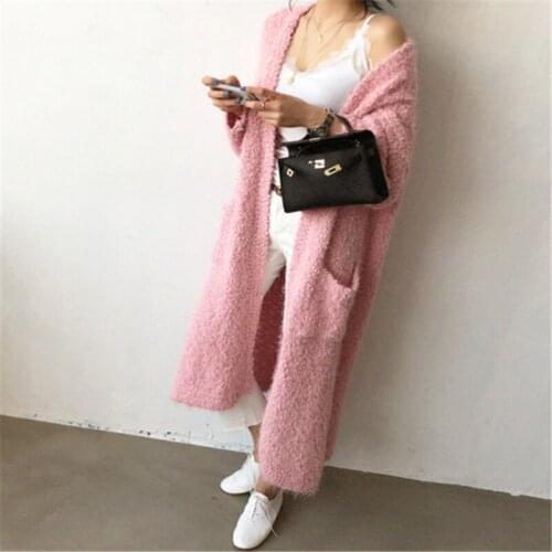 Spot Autumn and Winter Lazy Wind Plush Long Sweater Pure Color Loose Knit Cardigan Jacket Women
