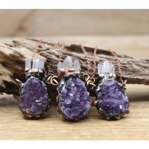 Natural Amethysts Geode Raw Quartz Point Pendants,Antique Copper Necklace Rough Crystal Drusy Meditation Retro Jewelry,QC3054