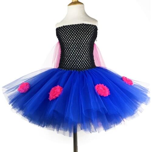 Girls Anna Princess Tutu Dress Kids Crochet Tulle Dress with Hot Pink Shawl and Flowers Children Cosplay Party Costume Dresses