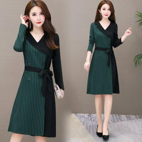 Spring Autumn Oversize Womens Dresses New Fashion Striped Stitching Long Sleeve Dress Elegant Lady Office Dress Vestidos L-5XL