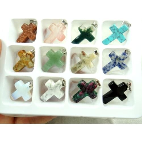 Natural stone Turquoises Quartz crystal tiger eye aventurine cross pendant for diy Jewelry making necklace Accessories12pcs