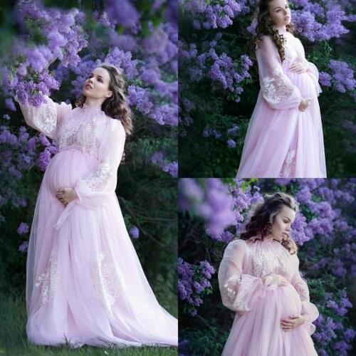 Pink Lace Maternity Dresses High Neck Tulle Maternity Gown for Photoshoot Boudoir Lingerie Robe Bathrobe Nightwear Babydoll