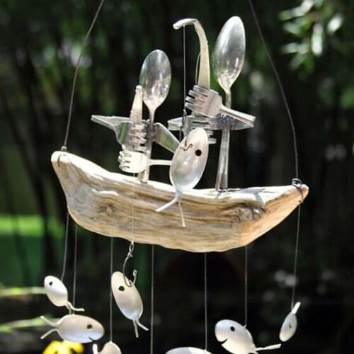 Fishing Man Spoon Fish Sculptures Wind Chime Indoor Outdoor Hanging Ornament Decoration HY99