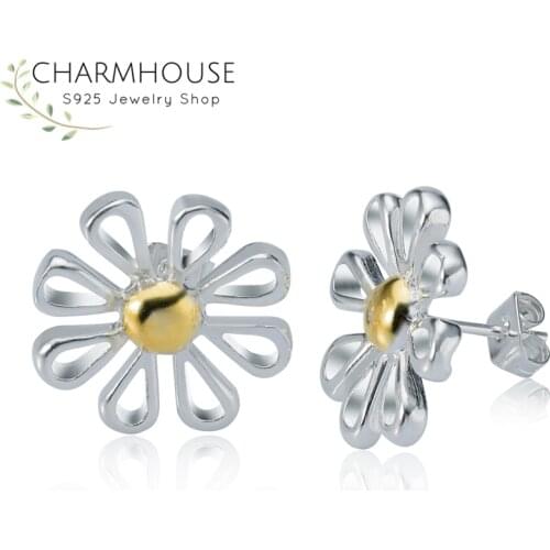 Charmhouse Stud Earrings For Women Lady S925 Silver Mum Flower Earing Brincos Femme Wedding Bridal Jewelry Accessories Gifts
