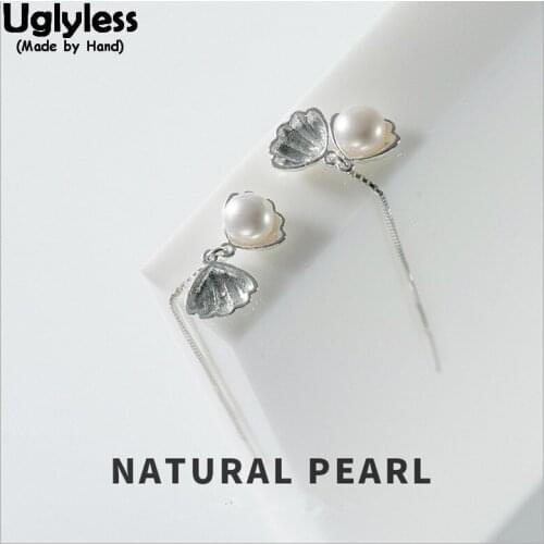 Uglyless Elegant Pearls Long Ear Lines 100% Solid 925 Silver Openable Shell Fine Jewelry Natural Gemstones Earrings for Women