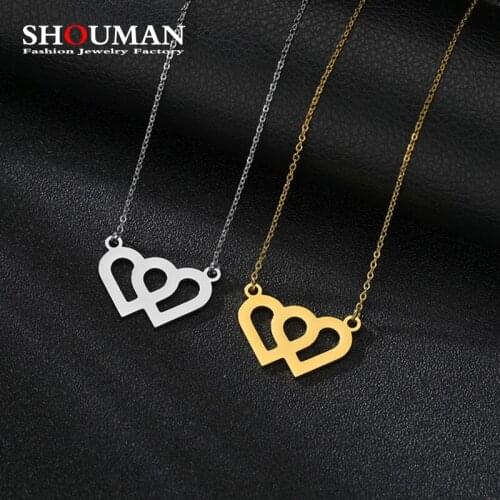 SHOUMAN Edge Polished Stainless Steel Two Heart Gold Color Love Necklaces for Momen Girl Party Jewelry