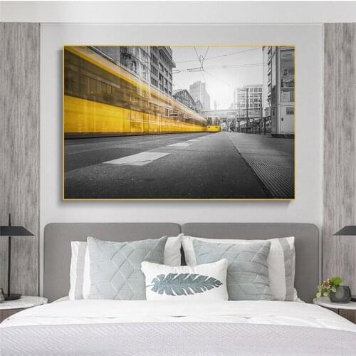 Nordic City Retro Style Black and White Architecture Poster Scandinavian Home Decor Yellow Car Painting Canvas Wall Art Picture