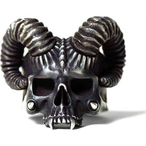 EYHIMD Unique Silver Color 316L Stainless Steel Ring Horned Devil Evil Skull Rings Mens Womens Punk Biker Jewelry