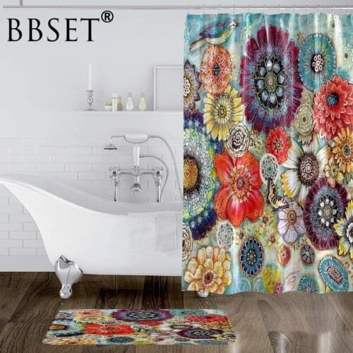 Boho Floral Shower Curtain Colorful Flower Bohemia Pattern Waterproof Multi-size Douchegordijn Bathroom Decor with 12 Hooks