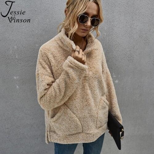 Jessie Vinson Autumn Winter Warm Sweatshirt Women Turn Down Collar Pockets Fleece Hoodie Sweatshirt Casual Loose Hoodie Jacket