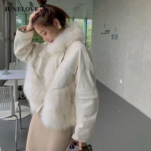 JuneLove 2021 Women Winter New Faux Fox Fur Jacket Female Stand Collar Spliced Long Sleeve Coat Female Casual Loose Outerwear
