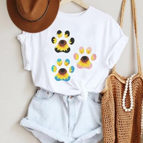 Women Clothing Floral Dog Paw Animal Beach 90s Cartoon Summer Lady Print Tee Graphic T Top Female Tshirts Clothes T-Shirt