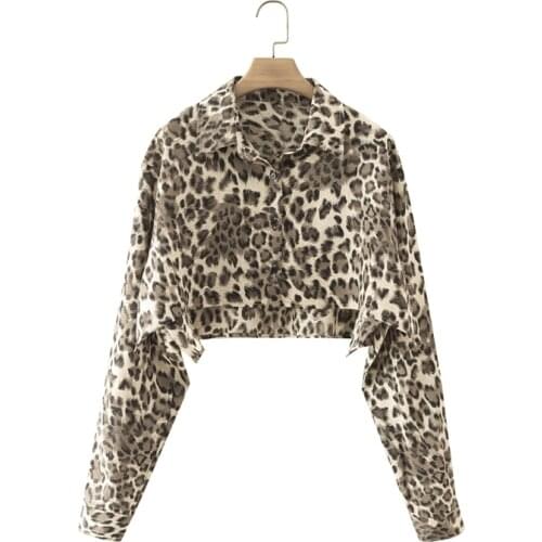 MESTTRAF Women 2021 Fashion With Animal Print Cropped Blouses Vintage Long Sleeve Turndown collar Buttons Shirts Streetwear