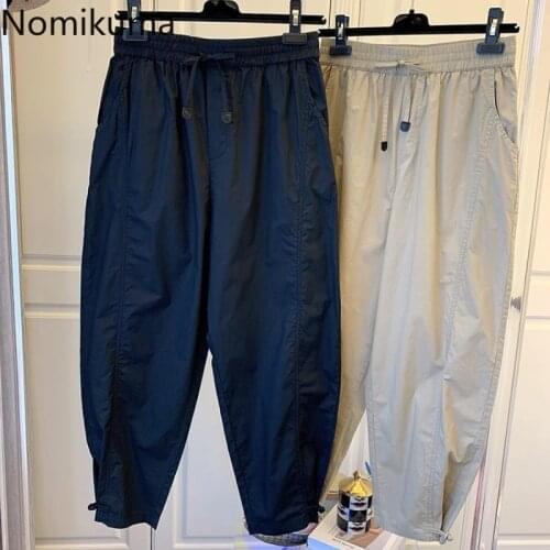 Nomikuma Woman Pants 2021 Summer Lace Up High Waist Ankle-length Trousers Causal Solid Wide Leg Pants Pantalones De Mujer 6H852