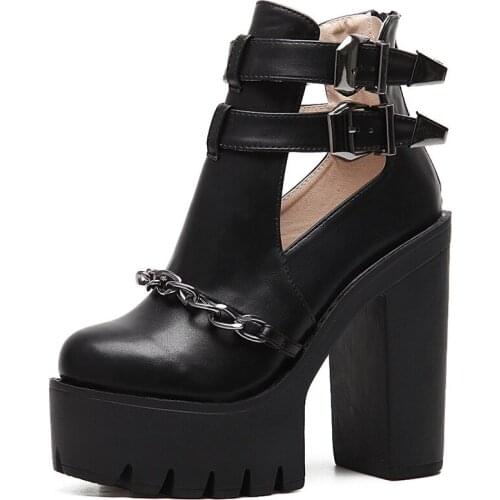 European and American Summer Metal Chain Hollow Gothic Short Boots Thick Heel Belt Buckle Female High-Heeled Shoes 2021 Punk
