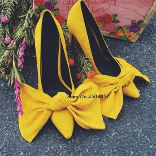 New Fashion Yellow Pink Black Women Pumps Sexy Big Bowtie Pointed Toe High Heels 10cm Shoes Womens