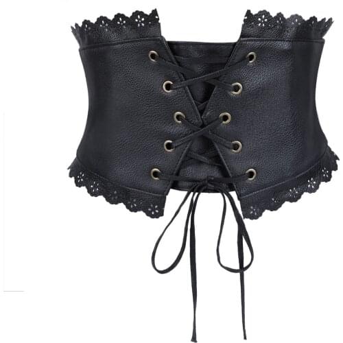 2021 Black Stretch Elastic Belt Lace Up Design Women New Retro Vintage Wide Bandage Waist Leather Corset Belt