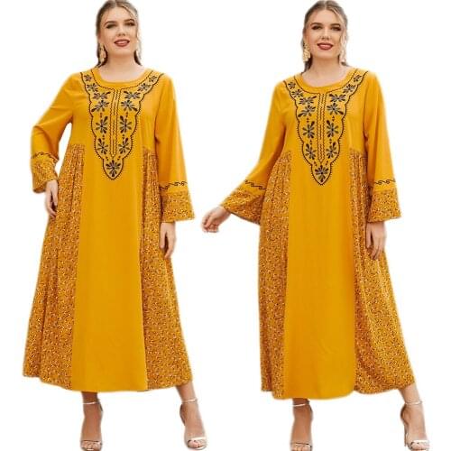 Ethnic Kaftan Muslim Women Long Dress Embroidery Maxi Robe Gown Islamic Loose Casual O-neck Abaya Arab Ramadan Patchwork Fashion