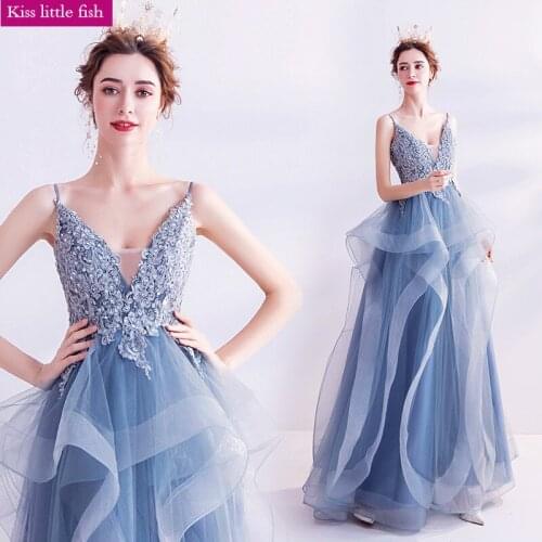 2722 Free Shipping Blue Sleeveless V-Neck Formal Dress Women Elegant Evening Gowns for Women Dress Party
