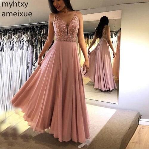 Plus Size Cistom New Arrival V-neck Evening Dress Backless 2020 Rose Pink Chiffon Women Formal Party Robe De Soiree Event Dress