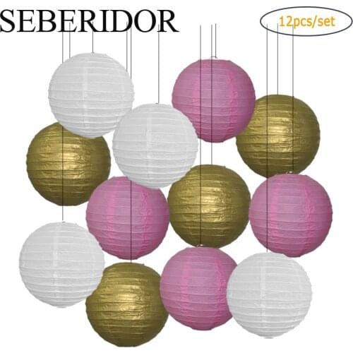 12pcs/lot 8" 10" 12" 14" 16" Gold Silver White Multi Color Hanging Round Ball Paper Lantern For Baptism Wedding Party Decoration