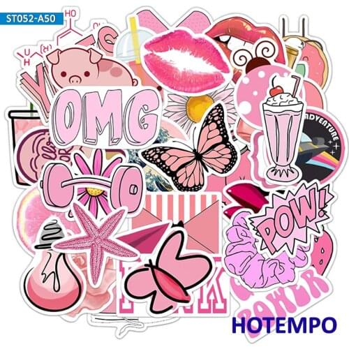 50pcs Cute Vsco Girls Pink Fun Label Cartoon Stickers Posted Kawaii for Kid Gift DIY Letter Diary Scrapbooking Phone Luggage